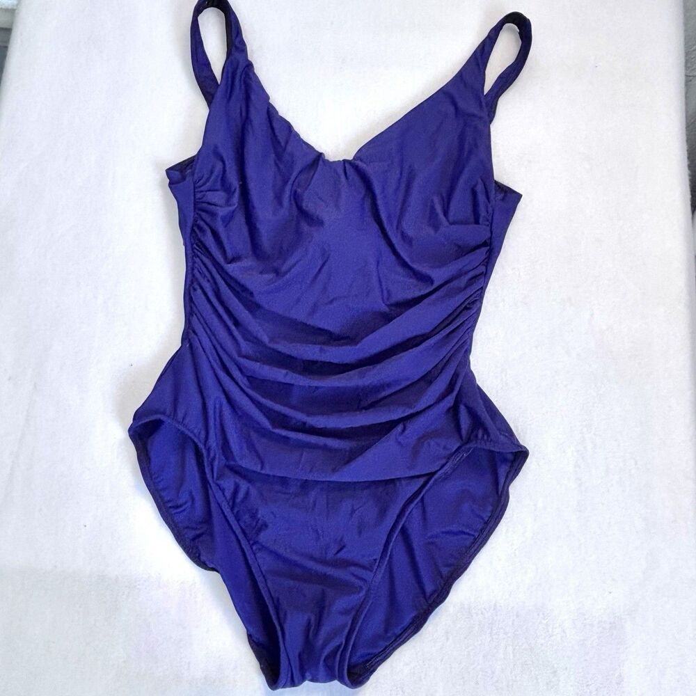 Retro Miraclesuit Womens 14 One Pc Swimsuit Blue V-Neck Ruched Underwire Bra